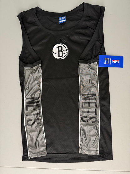 Side view of the Brooklyn Nets basketball tank top highlighting the athletic gray side panel fabric detail and stitching.  