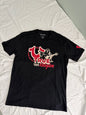 Front view of of a brand new black True Religion Men's Big Horseshoe Buddha Crewneck Tee, Size Large.  Showing full graphic design. 
