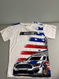 Front View: Officially licensed white NASCAR men's graphic t-shirt laid flat featuring an American flag design and blue race car print on the chest.