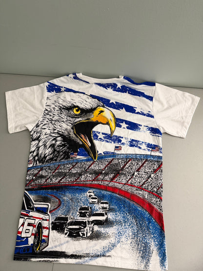 Back View: The back view of the white NASCAR graphic tee shirt featuring a large illustration of an American eagle soaring over race cars on a track with packed fan grandstands