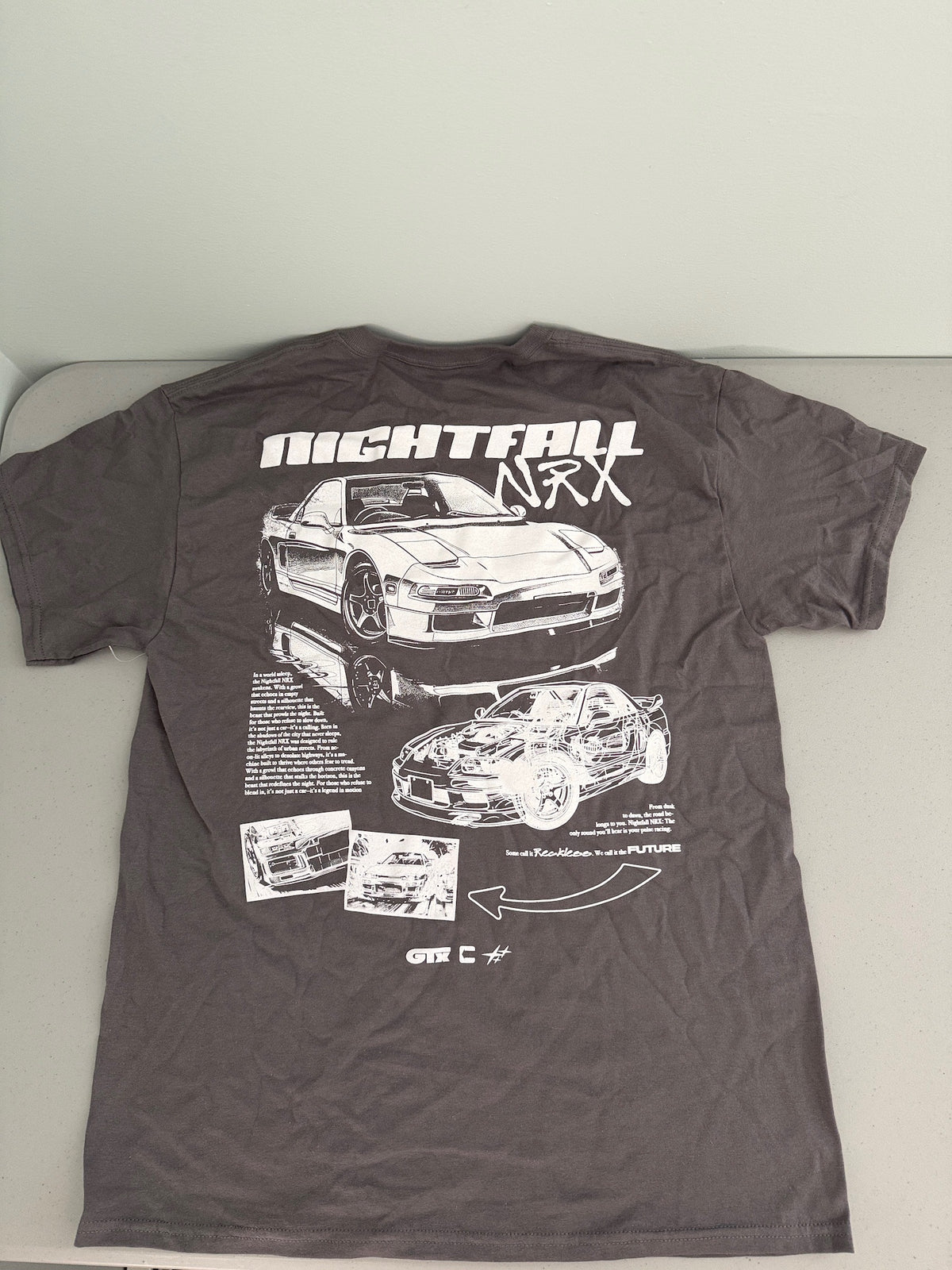 Large graphic print on the back of a gray CVLA Nightfall NRX men's JDM car culture streetwear t-shirt