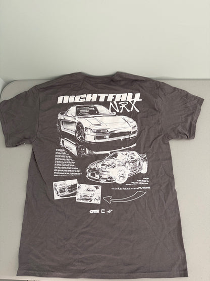 Large graphic print on the back of a gray CVLA Nightfall NRX men's JDM car culture streetwear t-shirt