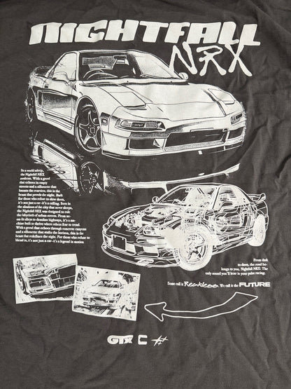 Close-up view of the large white JDM car graphic print detailed artwork on the back of a gray CVLA Nightfall NRX shirt. 