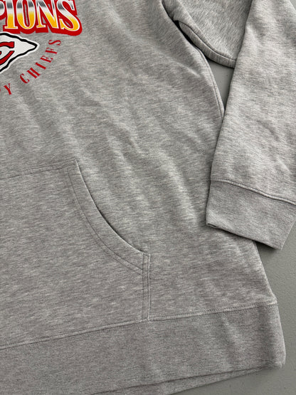 Close-up View of kangaroo pockets on a Brand new gray Men's Kansas City Chiefs Super Bowl LVIII Champions pullover hoodie sweatshirt.