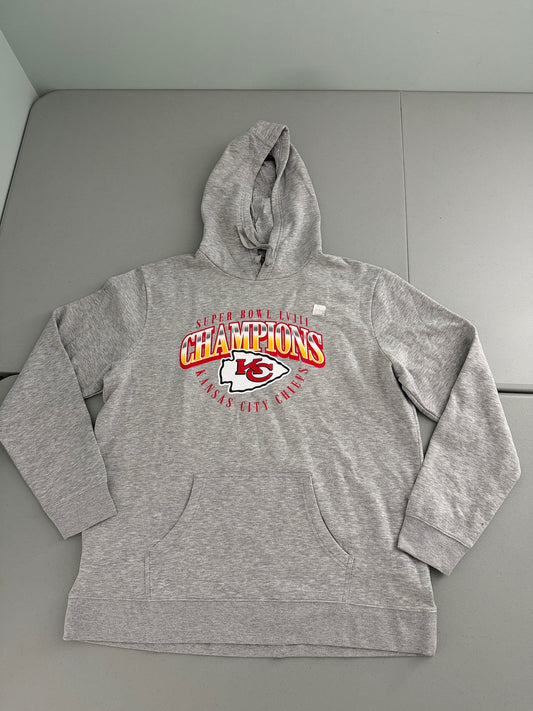 Brand new gray Men's Kansas City Chiefs Super Bowl LVIII Champions pullover hoodie sweatshirt with front kangaroo pockets