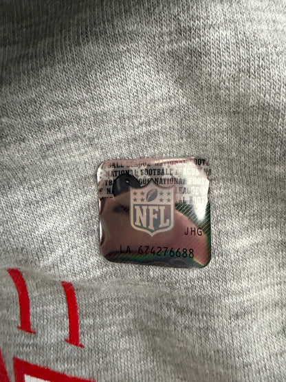 official NFL Stickers on a Brand new gray Men's Kansas City Chiefs Super Bowl LVIII Champions pullover hoodie sweatshirt. 