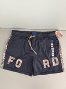 Flat lay front view of officially licensed Ford  by RoadTrip men's size XXL athletic mesh shorts navy blue with brown camouflage side panels and integrated camo Ford lettering. 