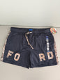 Flat lay front view of officially licensed Ford  by RoadTrip men's size XXL athletic mesh shorts navy blue with brown camouflage side panels and integrated camo Ford lettering. 