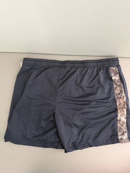 Flat lay back view of navy blue and brown camo Ford licensed mesh shorts showing the athletic elastic waistband. 