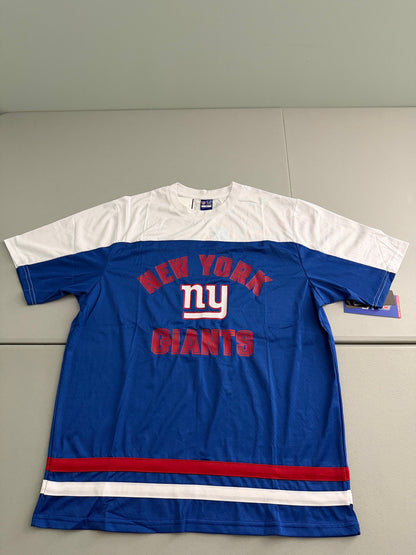 Front view of a brand new royal blue and white Ultra Game Day NFL NY Giants short-sleeve shirt. The jop features a prominent, bold screen-printed New York Giants logo across the chest, crisp white contrast blocking panels on the shoulders , and red varsity stripe details on the sleeves. 