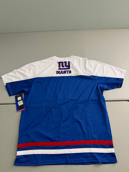 Back view of the royal blue Ultra Game Day New York Giants men's athletic t-shirt, showing the clean fabric layout across the back panel, detailed contrast stitching along the shoulders, and a comfortable flat crew neck collar profile.