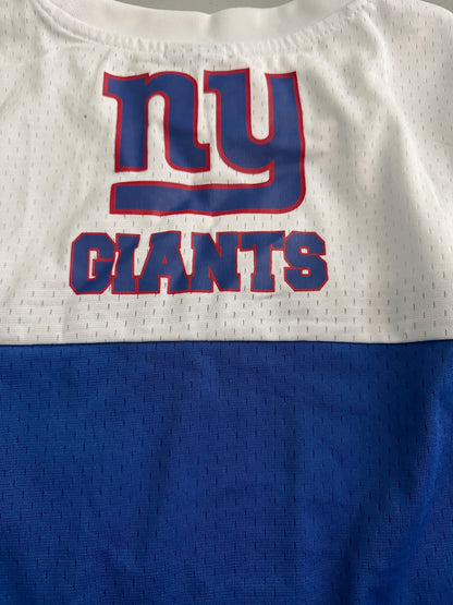 Detailed close-up shot of the secondary screen-printed New York Giants team graphic emblazoned across the back panel of the royal blue athletic shirt, highlighting the vibrant team typography and crisp color lines. 