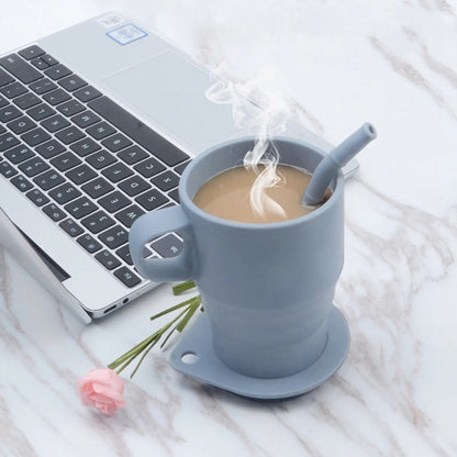 Collapsible Silicone Travel Cup with Lid & Straw for Hot & Cold Drinks