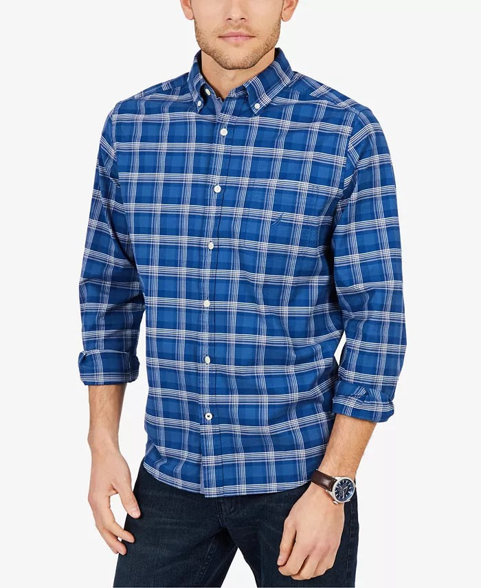 Nautica Men's Classic-Fit Plaid Oxford Button-Down Shirt Blue