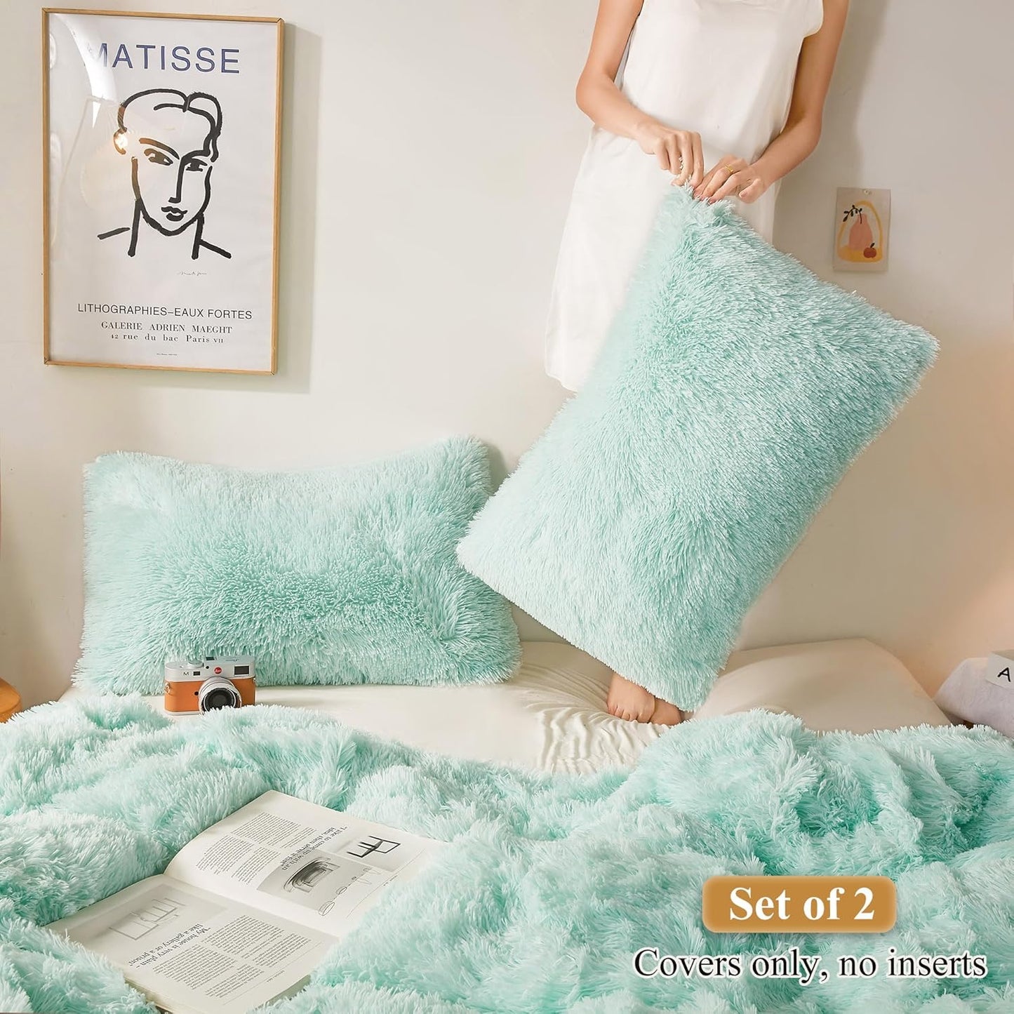 XeGe Fluffy Faux Fur Pillow Cases, Shams for Bed, Sofa, Couch Set of 2