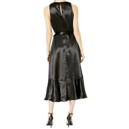 Taylor Dress Satin Sleeveless Midi Dress In Black With a High-Low Hem