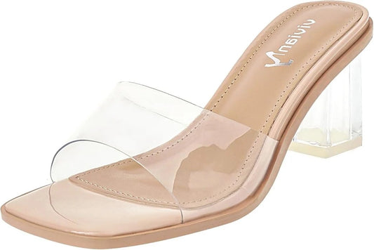 Vivianly Clear Square Toe Chunky Heeled Sandal Mule- NEW With Defect