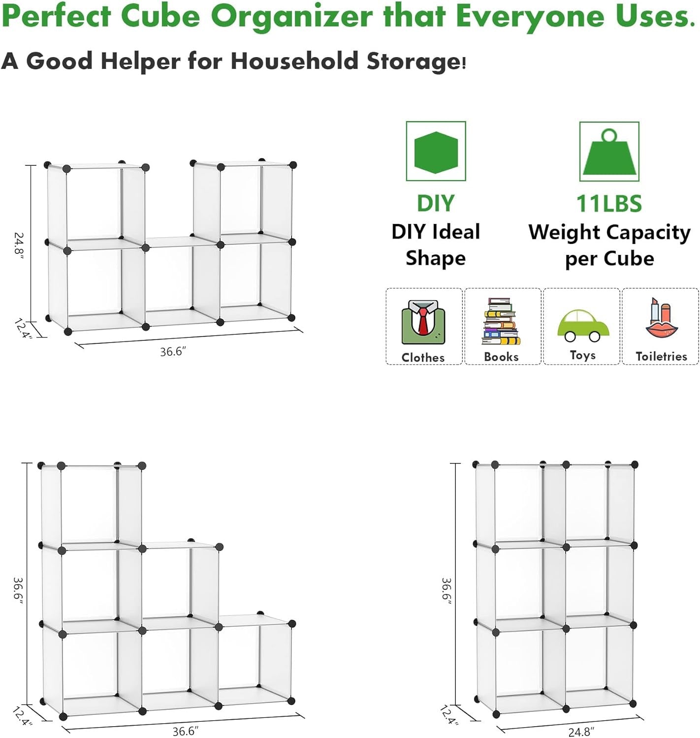 6-Cube Storage Organizer, Stackable Closet, Bookshelf, Clothes, Shoes