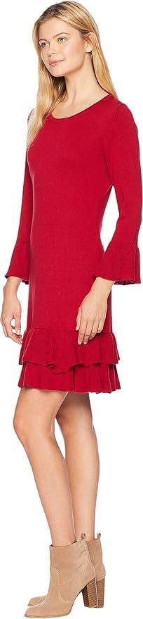 Nine West Women's Bell Sleeve Sweater Dress Ruffle Hem, Red Rouge, M