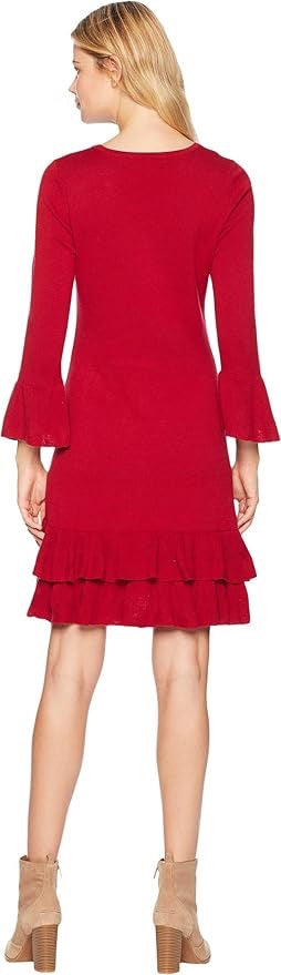 Nine West Women's Bell Sleeve Sweater Dress Ruffle Hem, Red Rouge, M