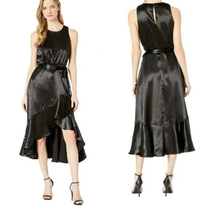 Taylor Dress Satin Sleeveless Midi Dress In Black With a High-Low Hem