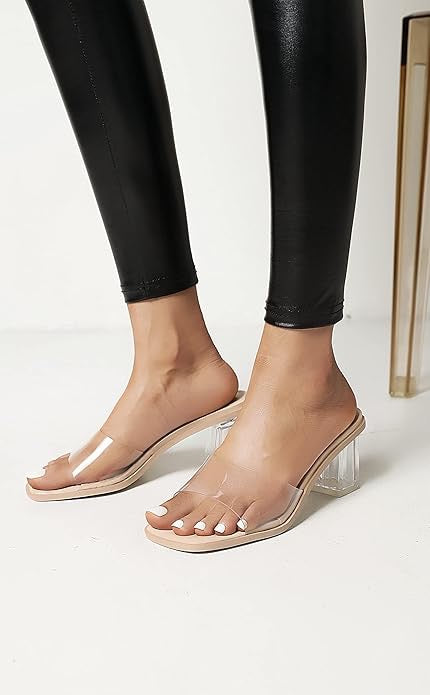 Vivianly Clear Square Toe Chunky Heeled Sandal Mule- NEW With Defect