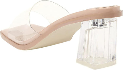 Vivianly Clear Square Toe Chunky Heeled Sandal Mule- NEW With Defect