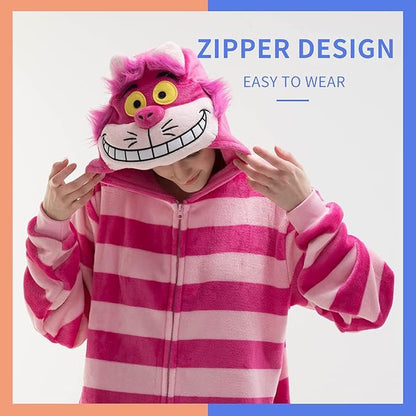 Striped Cat Pajamas Onesie Polar Fleece For Men and Women Sleepwear