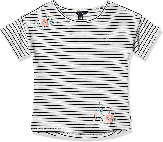 Nautica Girls Little Short Sleeve Fashion Tee, Cream Floral Stripes