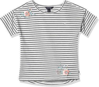 Nautica Girls Little Short Sleeve Fashion Tee, Cream Floral Stripes