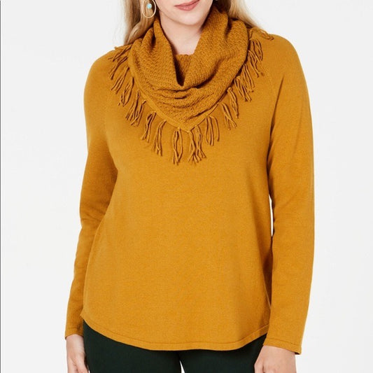 Style & Co Women's Ginger Brown Fringe Cowl Neck Sweater Knit Top - PS