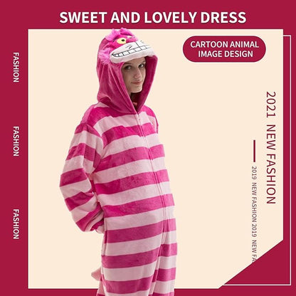 Striped Cat Pajamas Onesie Polar Fleece For Men and Women Sleepwear