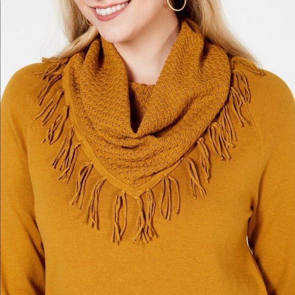 Style & Co Women's Ginger Brown Fringe Cowl Neck Sweater Knit Top - PS