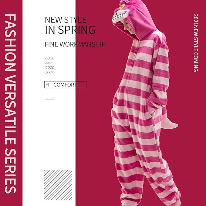 Striped Cat Pajamas Onesie Polar Fleece For Men and Women Sleepwear