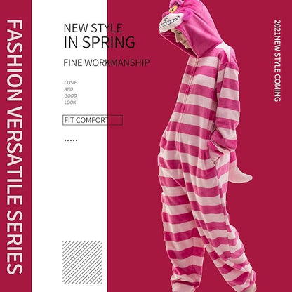 Striped Cat Pajamas Onesie Polar Fleece For Men and Women Sleepwear