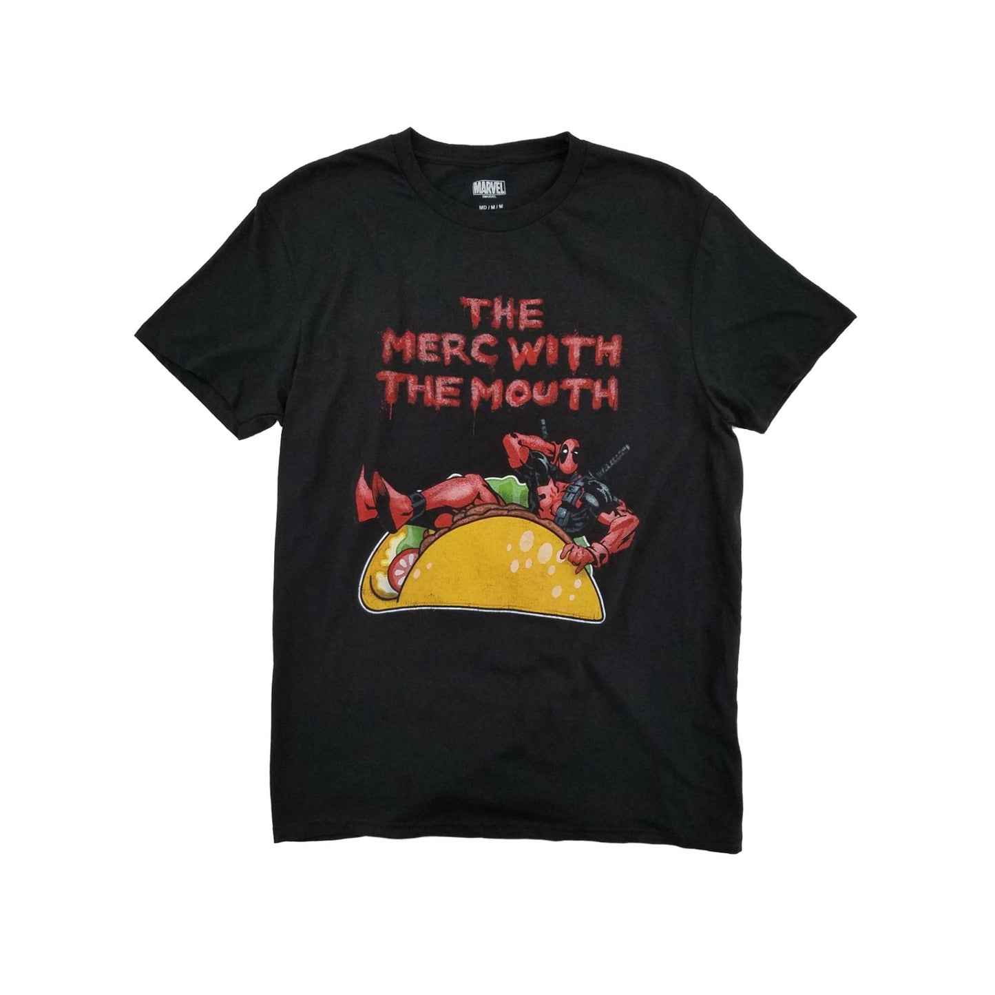 Marvel Men's Black Deadpool Taco Merc With The Mouth Graphic T-Shirt Large
