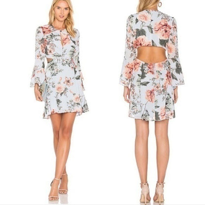 Bardot Floral Frill Cutout Chiffon Mini Dress Long Bell Sleeves -10/L