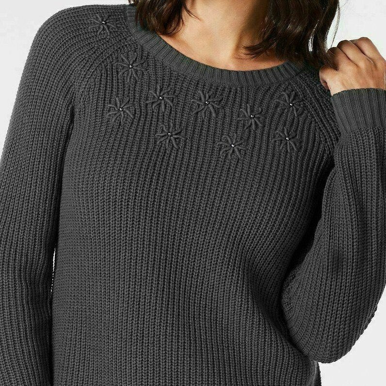 Karen Scott Embroidered Stud-Embellished Flow Star Sweater Gray