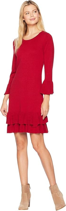 Nine West Women's Bell Sleeve Sweater Dress Ruffle Hem, Red Rouge, M