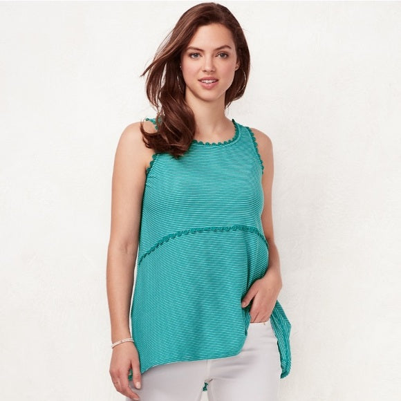 Lauren Conrad Women's Peplum Tank Top Lace Accent Green With Stripes