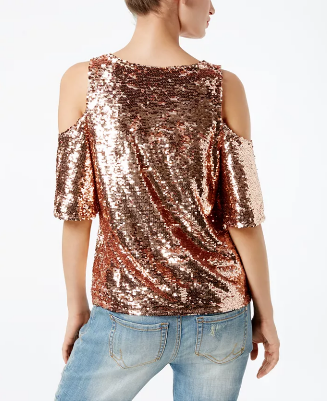INC International Concepts Sequined Cold-Shoulder Top in Rose Gold